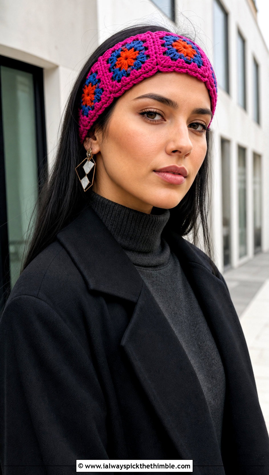 Granny Square Crochet Headband With Long Black Coat - 25 winter crochet headband outfit ideas