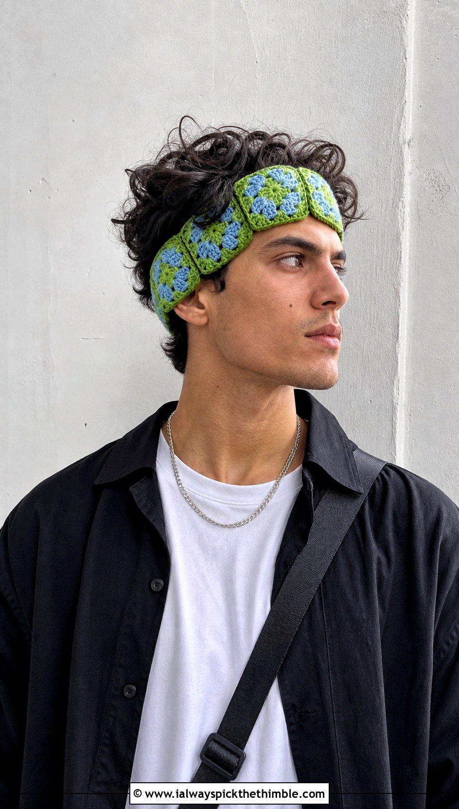 Granny Square Crochet Headband With Streetwear Layers - 15 Crochet Headband For Men outfit ideas