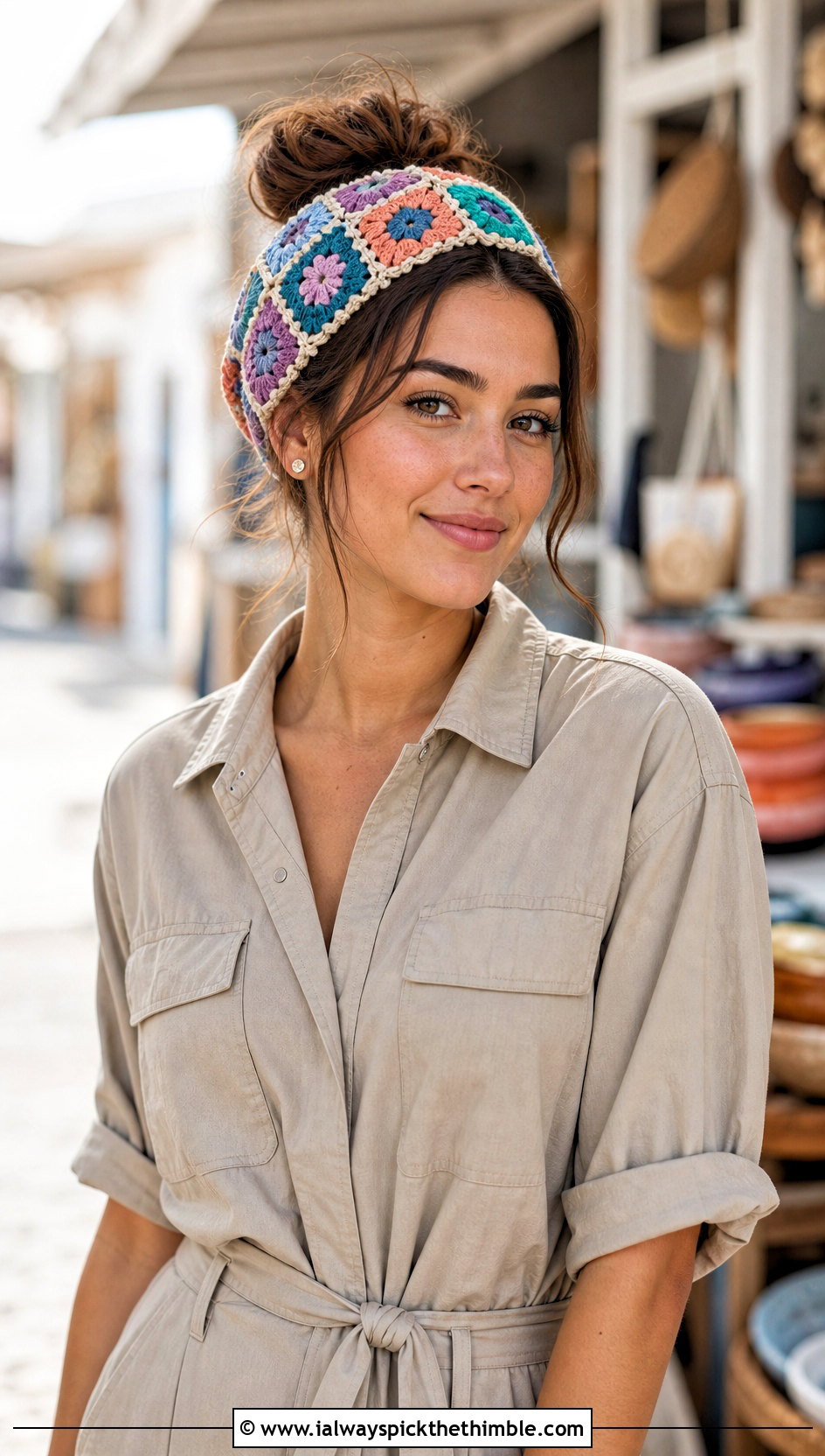 Granny Square Crochet Headband With Utility Jumpsuit - 20 crochet headband for women outfit ideas