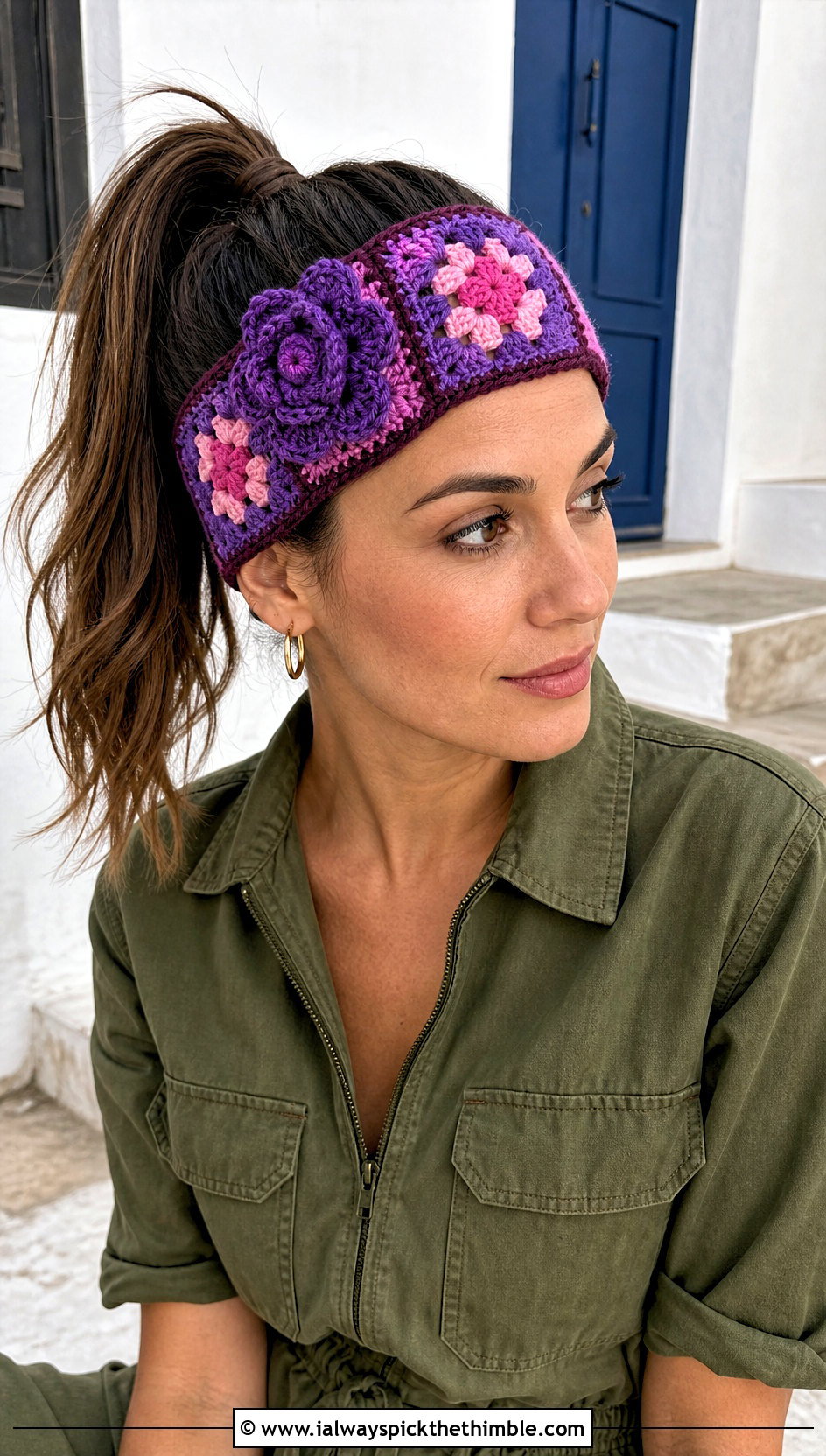 Granny Square Crochet Headband With Utility Jumpsuit - 15 crochet headband with purple flower outfit ideas