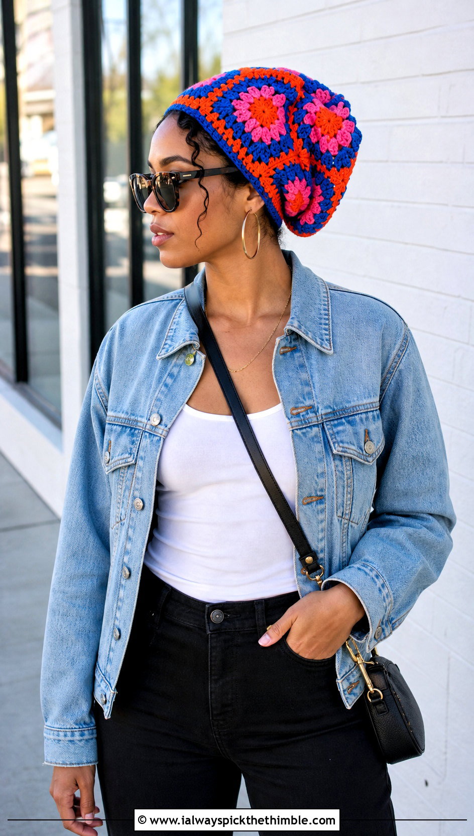Granny Square Crochet Headwrap With Denim Jacket And Black Pants - 25 crochet headwrap outfit ideas
