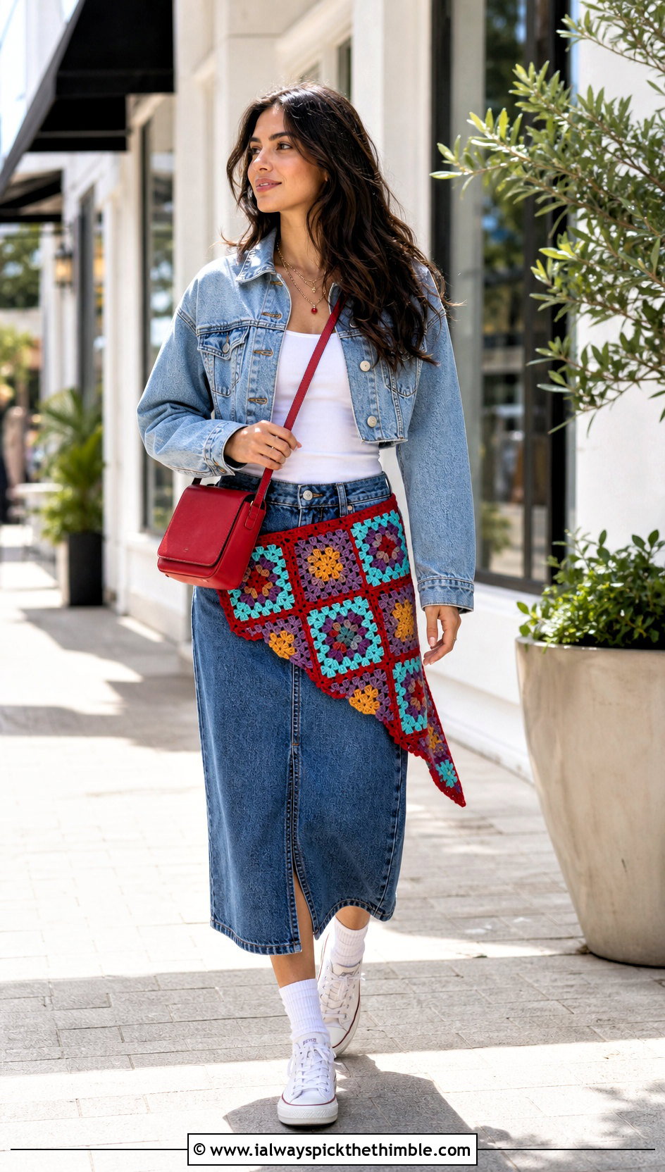 Granny Square Crochet Hip Scarf With Denim Jacket - 20 Crochet Hip Scarf outfit ideas