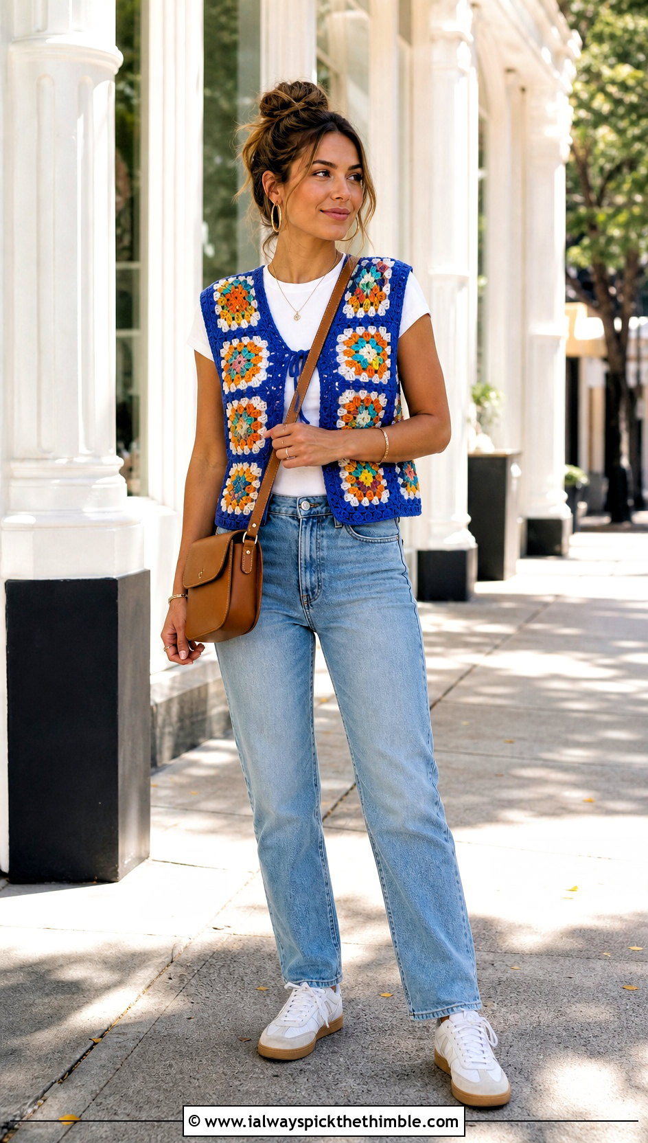 Granny Square Crochet Hippie Vest With Straight Jeans - 20 crochet hippie vest outfit ideas