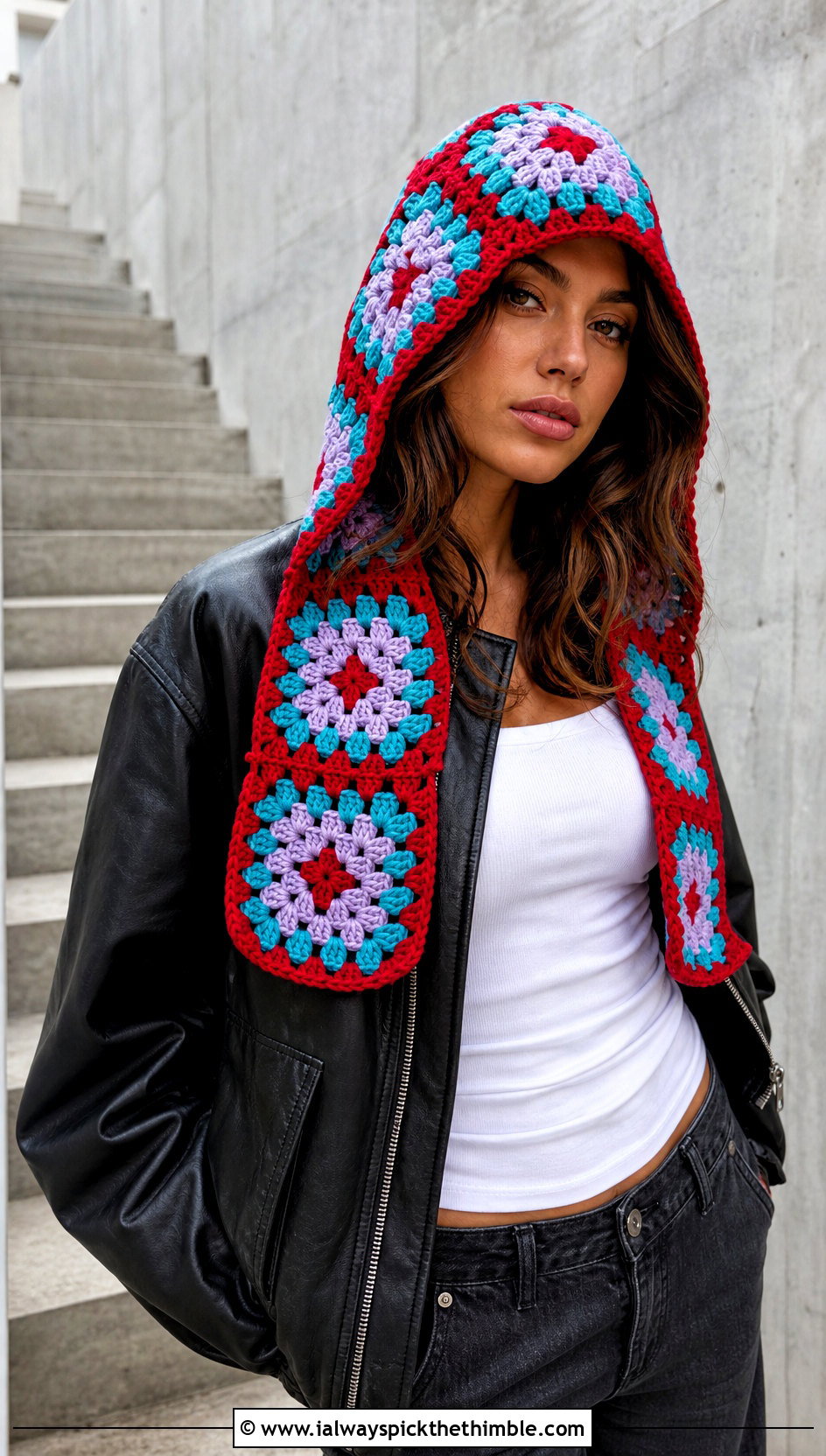 Granny Square Crochet Hood Hat With Leather Bomber Jacket - 20 crochet hood hat outfit ideas