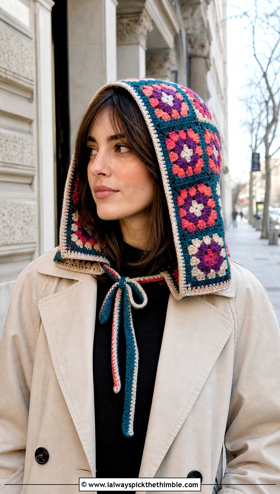 Granny Square Crochet Hood With Trench Coat - 20 Weird Crochet Hat outfit ideas