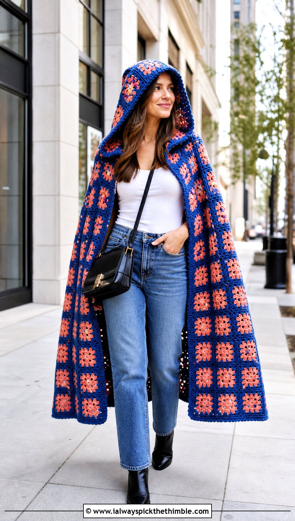 Granny Square Crochet Hooded Cape With Straight Leg Jeans - 25 crochet hooded cape outfit ideas