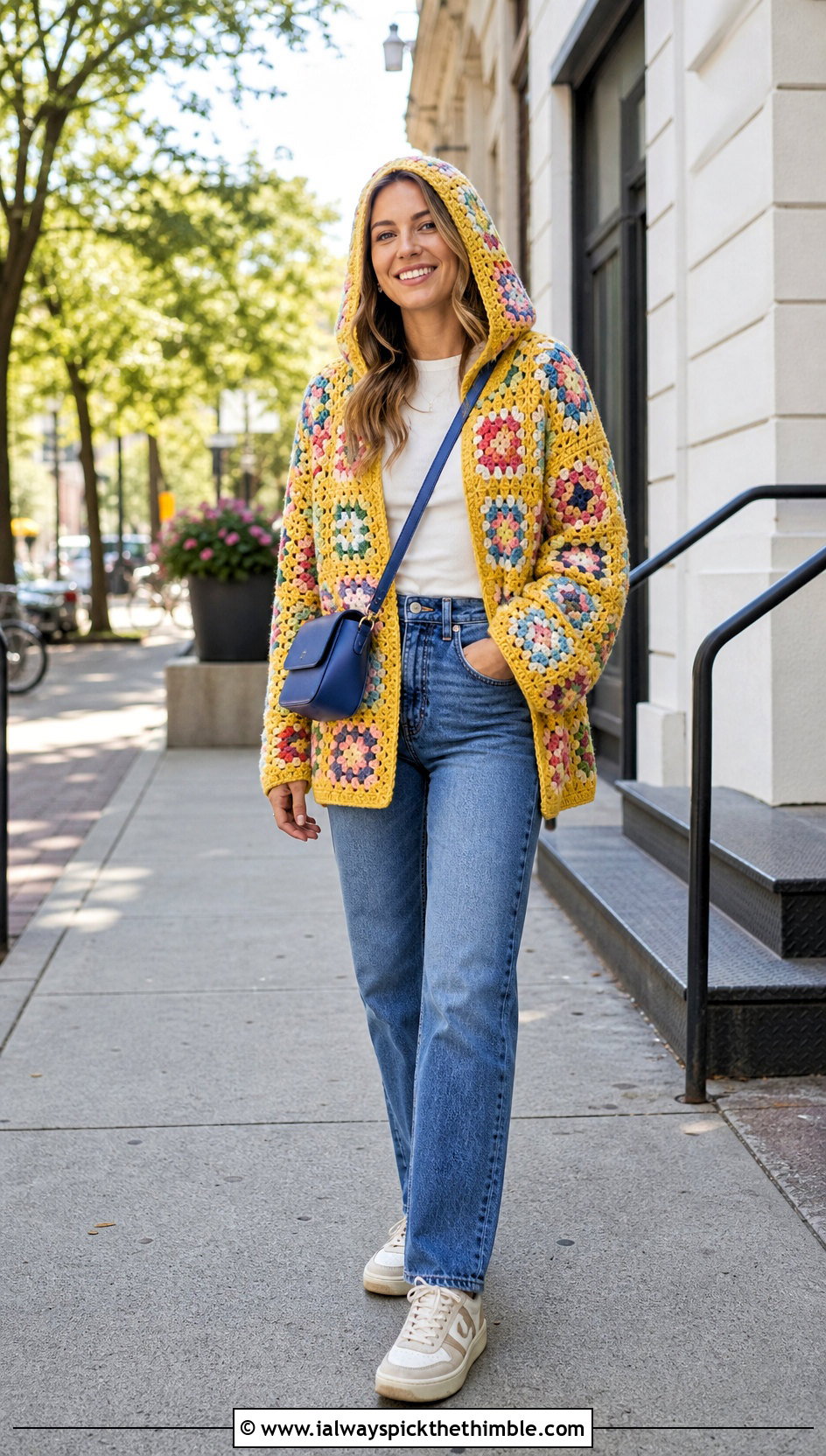 Granny Square Crochet Hooded Cardigan With Straight Leg Jeans - 25 crochet hooded cardigan outfit ideas