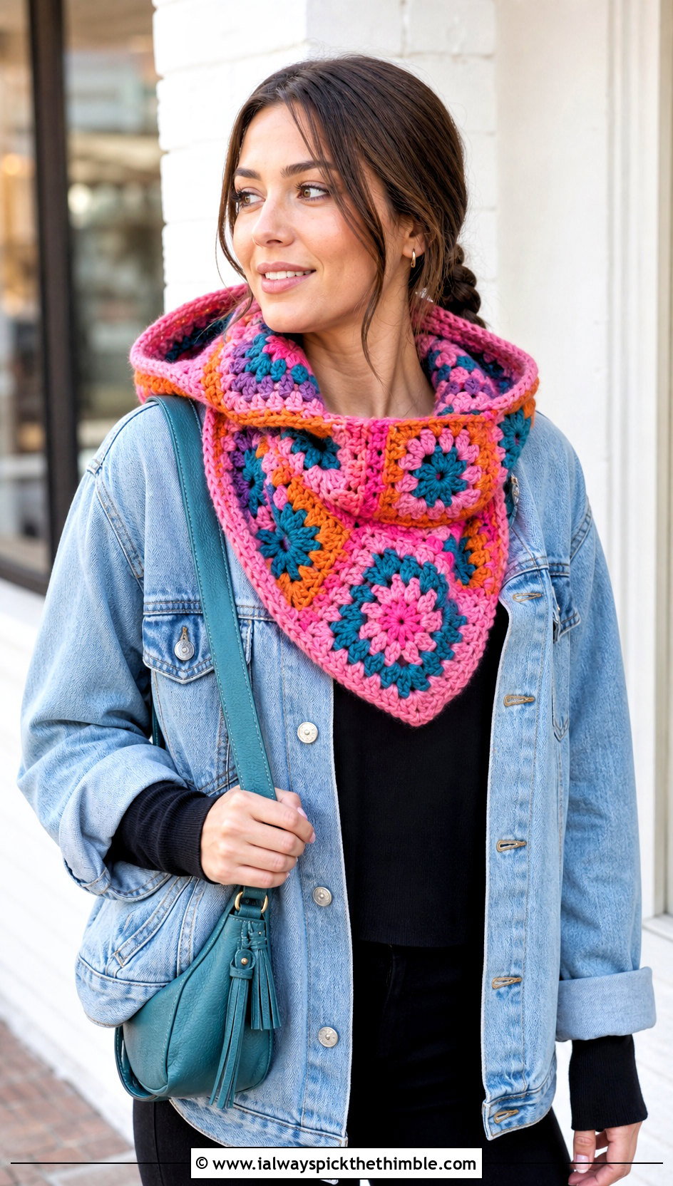 Granny Square Crochet Hooded Cowl With Denim Jacket - 25 crochet hooded cowl outfit ideas
