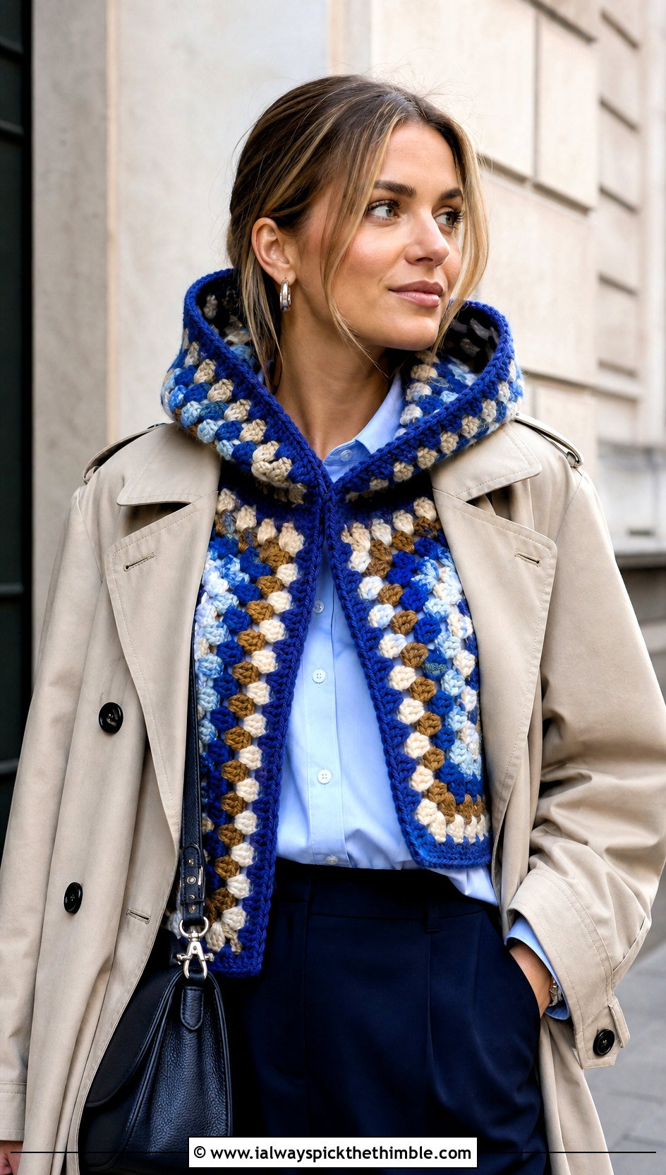 Granny Square Crochet Hooded Cowl With Trench Coat - 20 easy crochet hooded cowl outfit ideas