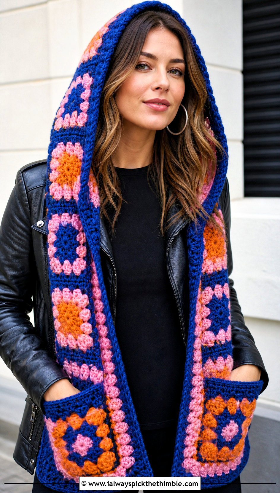 Granny Square Crochet Hooded Pocket Scarf With Leather Jacket - 20 crochet hooded pocket scarf outfit ideas