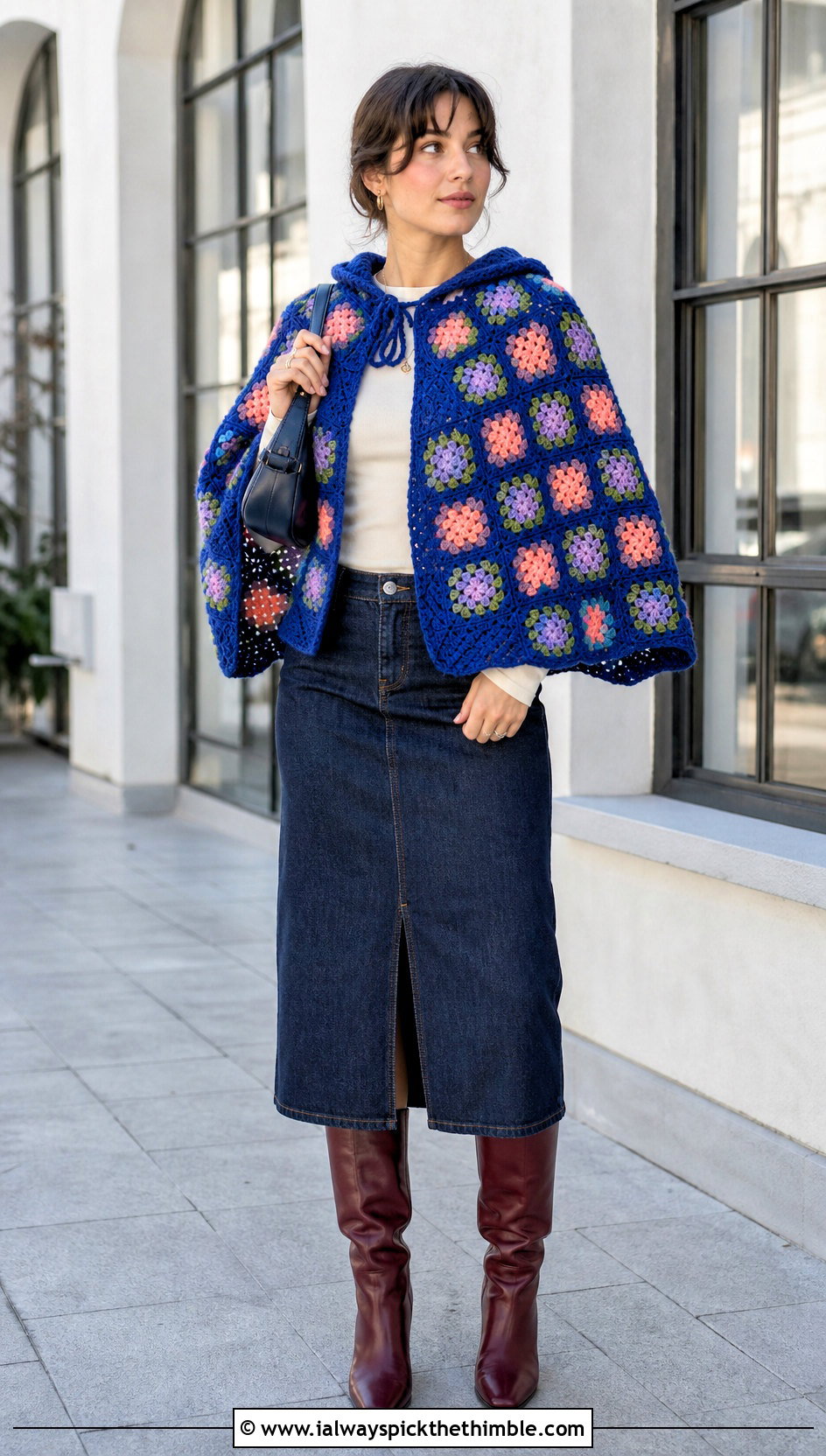 Granny Square Crochet Hooded Poncho With Denim Skirt - 25 Crochet Hooded Poncho outfit ideas