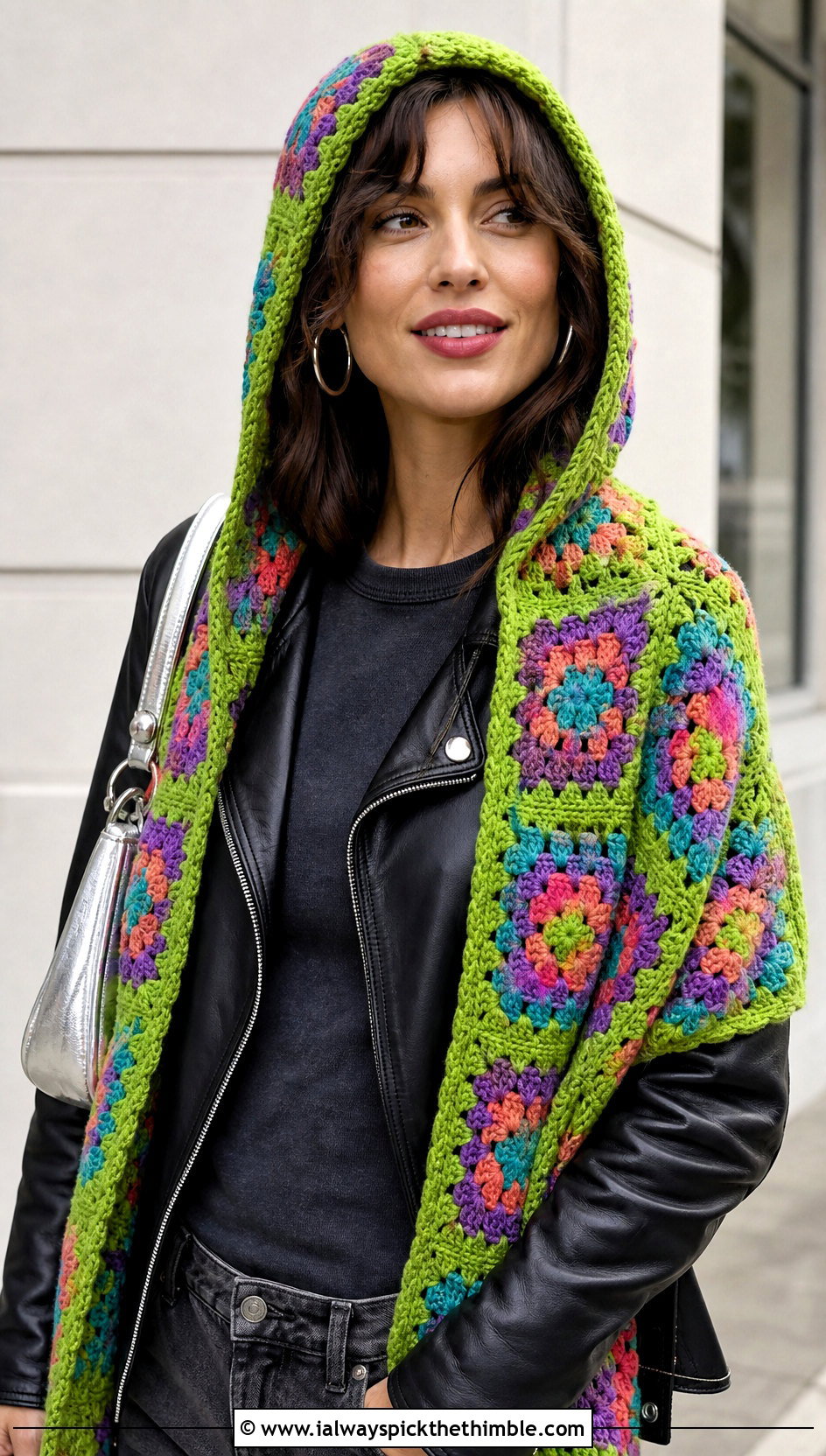 Granny Square Crochet Hooded Shawl With Leather Jacket - 25 crochet hooded shawl outfit ideas