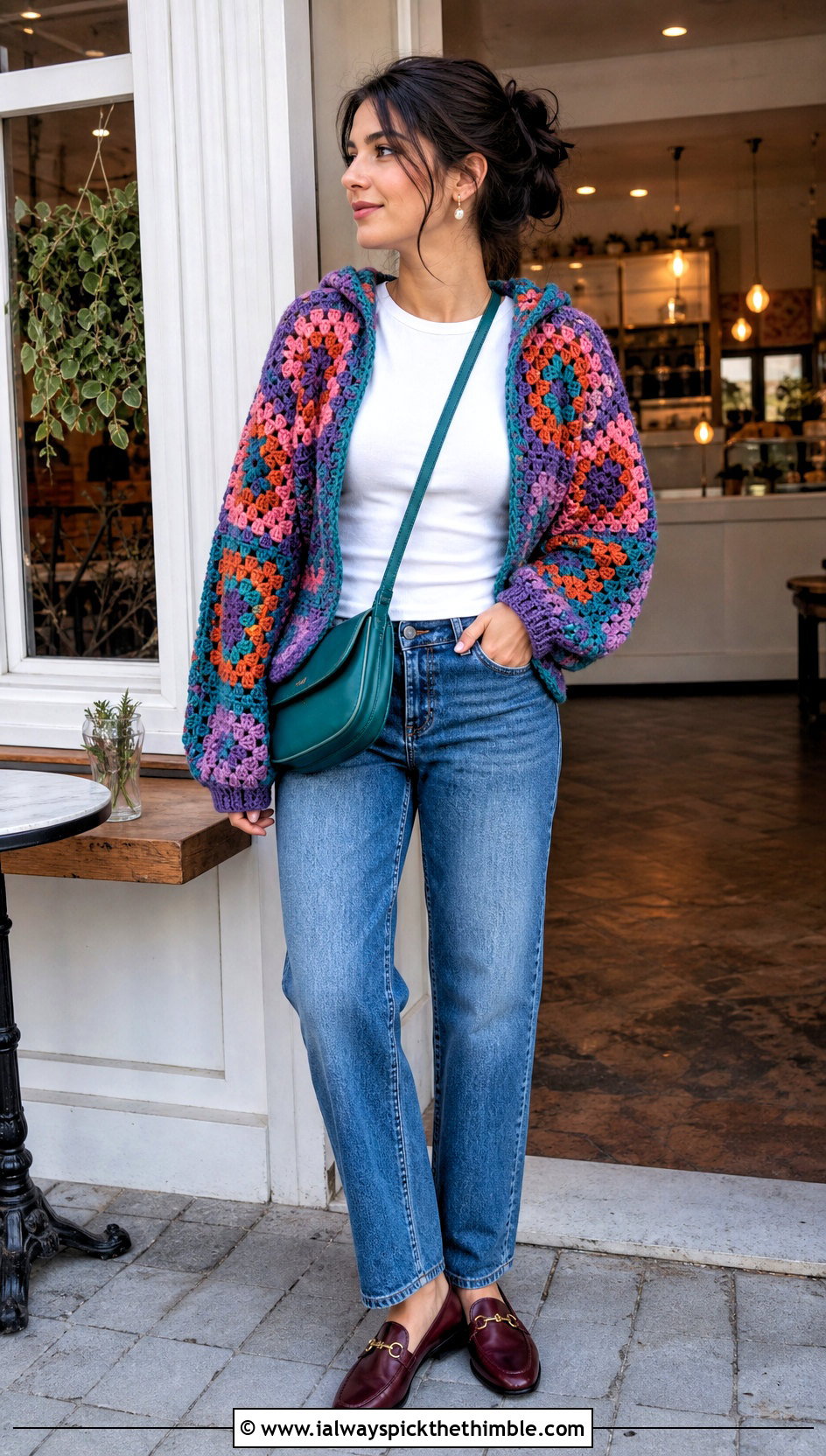 Granny Square Crochet Hooded Shrug With Straight Leg Jeans - 20 Crochet Hooded Shrug outfit ideas