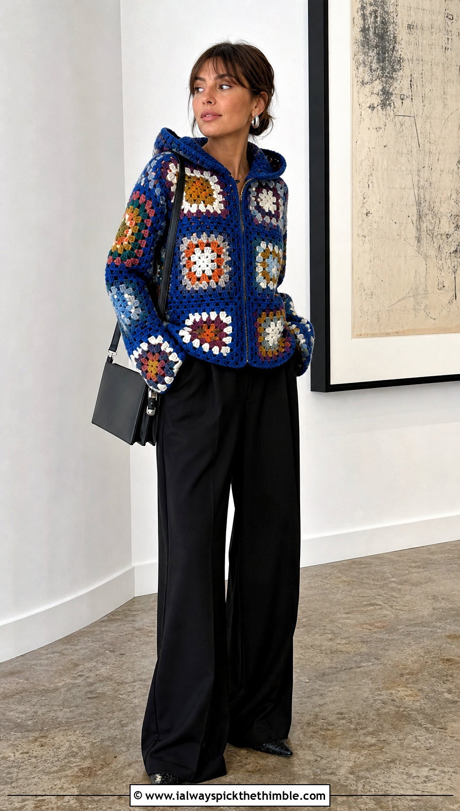 Granny Square Crochet Hooded Sweater With Wide Leg Pants - 20 crochet hooded sweater outfit ideas