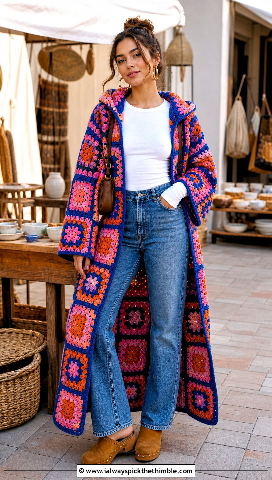 Granny Square Crochet Hoodie Blanket With Straight Jeans - 20 crochet hoodie blanket outfit ideas