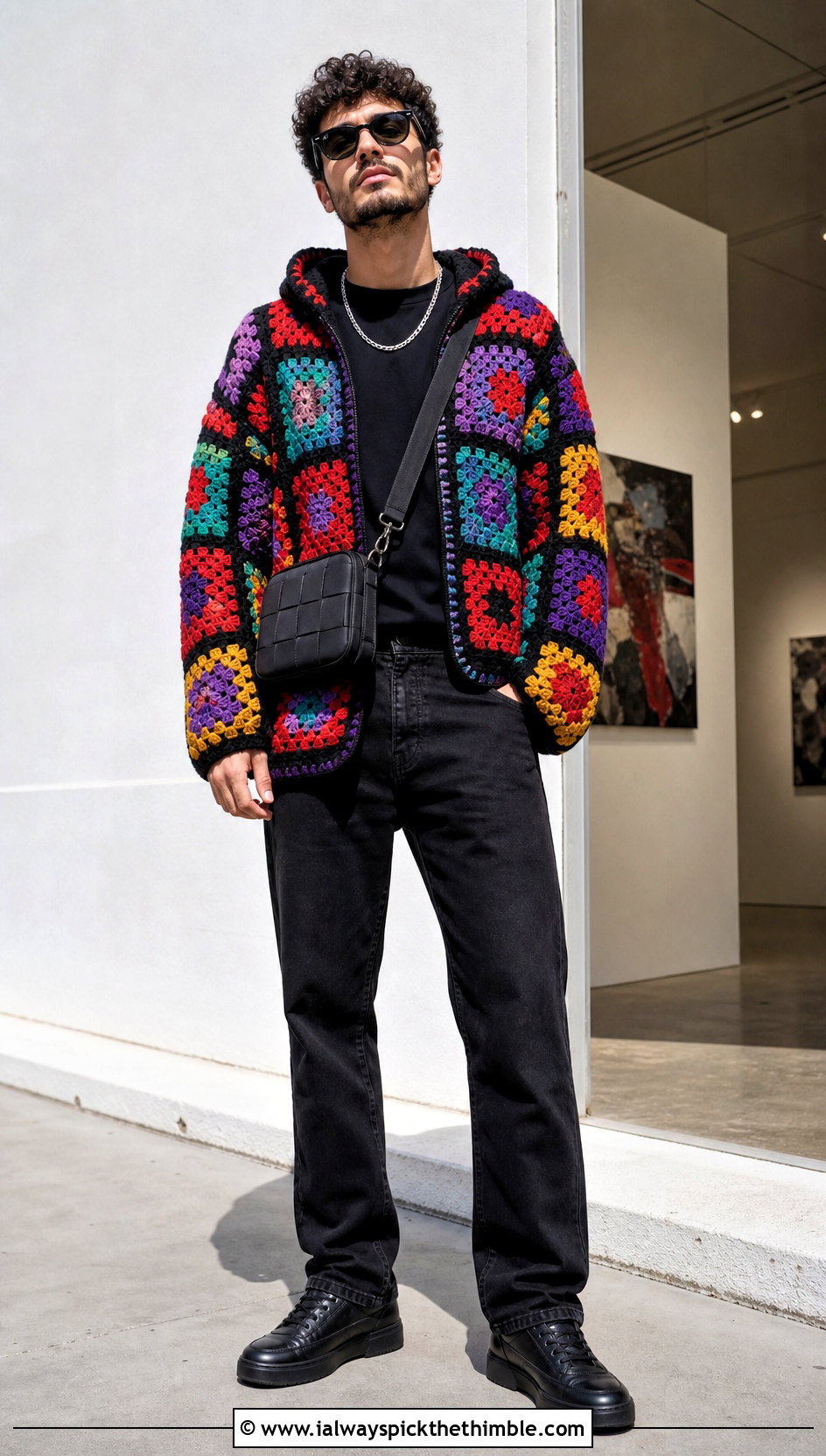 Granny Square Crochet Hoodie With Black Denim - 20 crochet mens hoodie outfit ideas