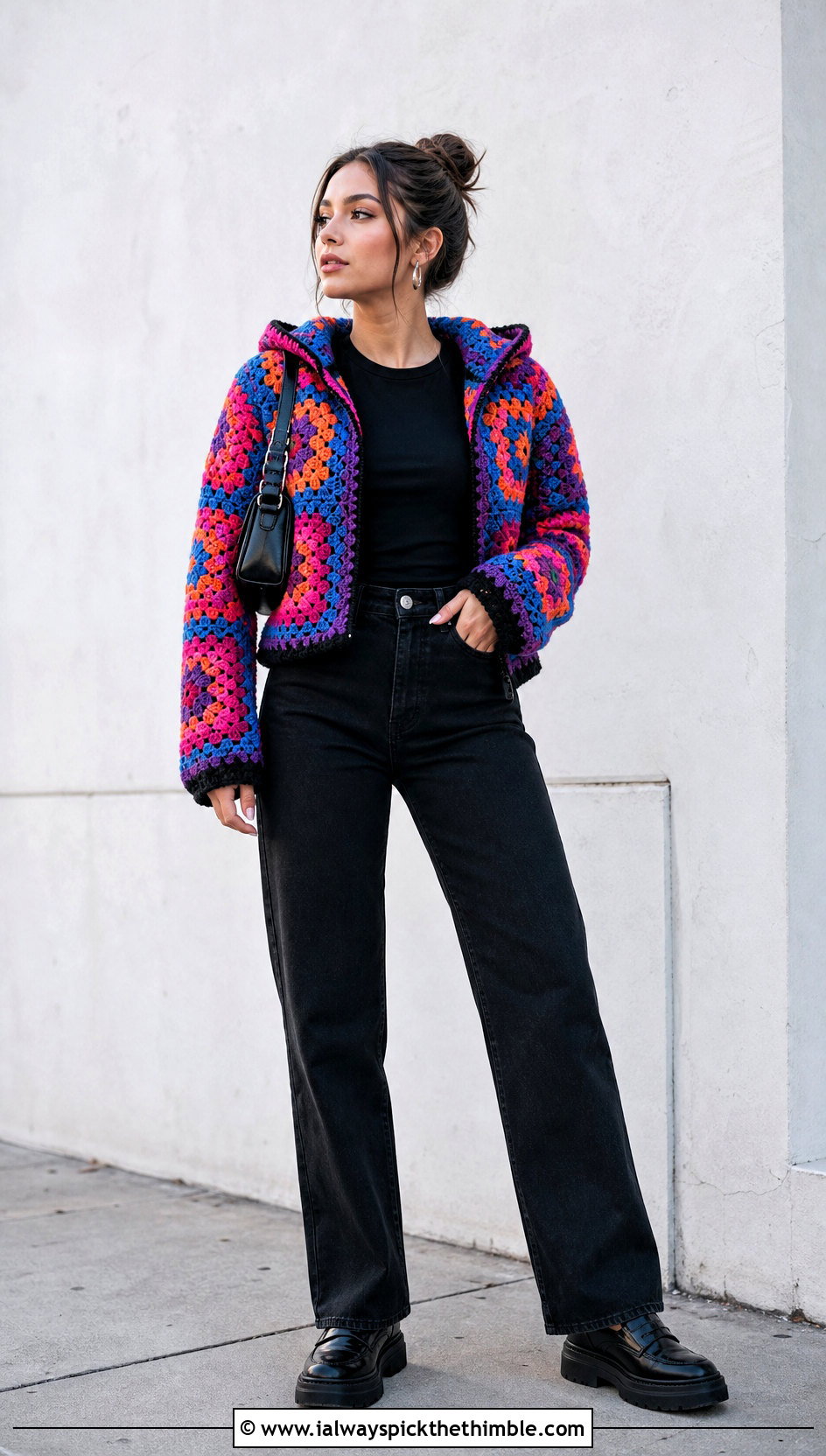 Granny Square Crochet Hoodie With Black Jeans - 25 crochet hoodie outfit ideas
