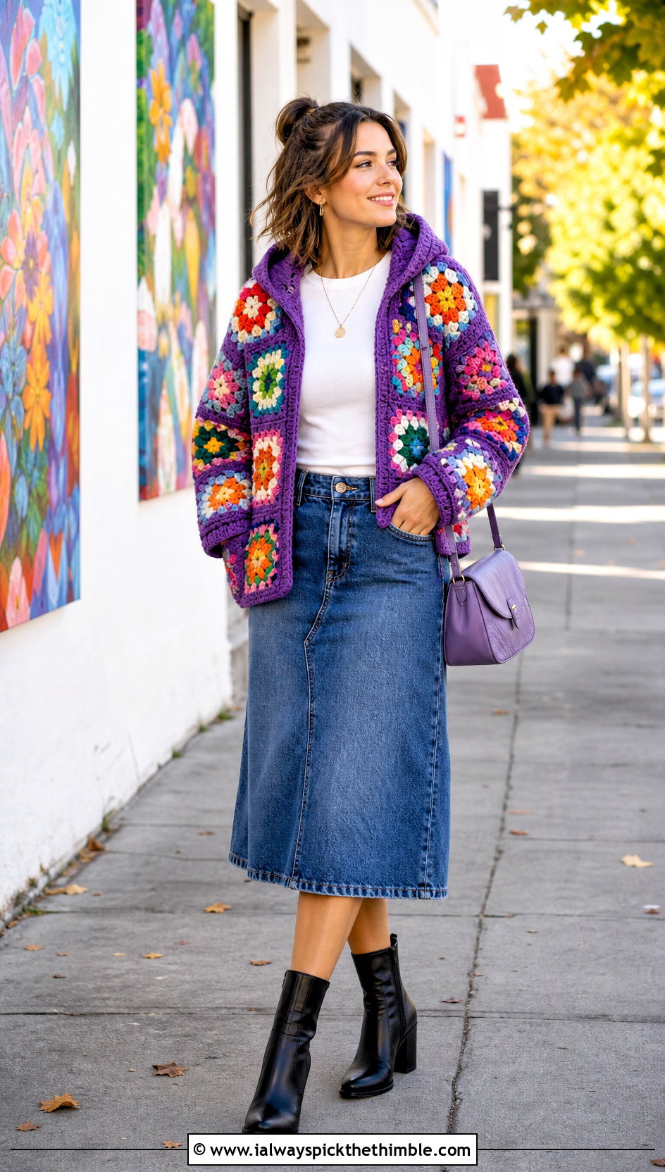Granny Square Crochet Hoodie With Denim Skirt - 20 Easy Crochet Hoodie outfit ideas