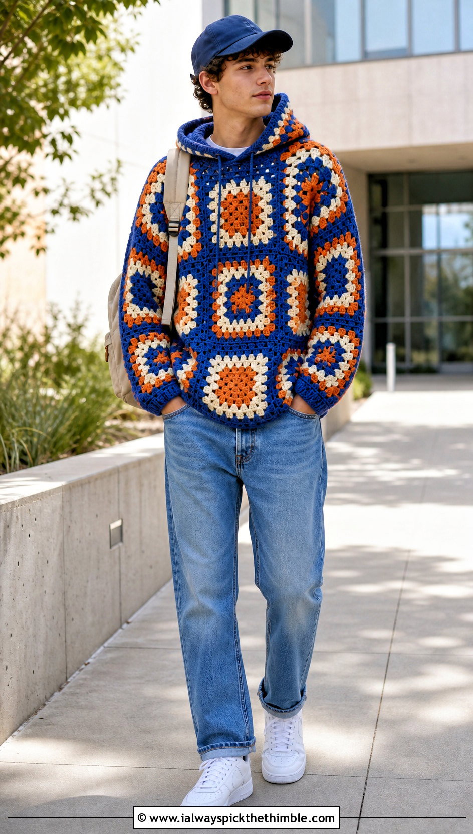 Granny Square Crochet Hoodie With Straight Jeans - 25 crochet hoodie for men outfit ideas