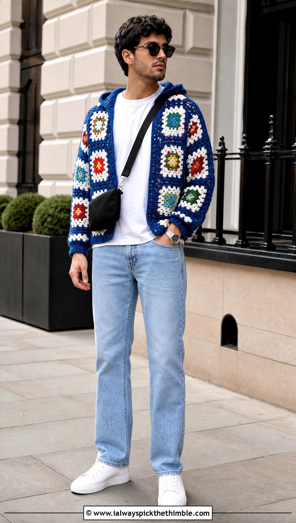 Granny Square Crochet Hoodie With Straight Jeans - 20 Crochet Hoodie Men outfit ideas