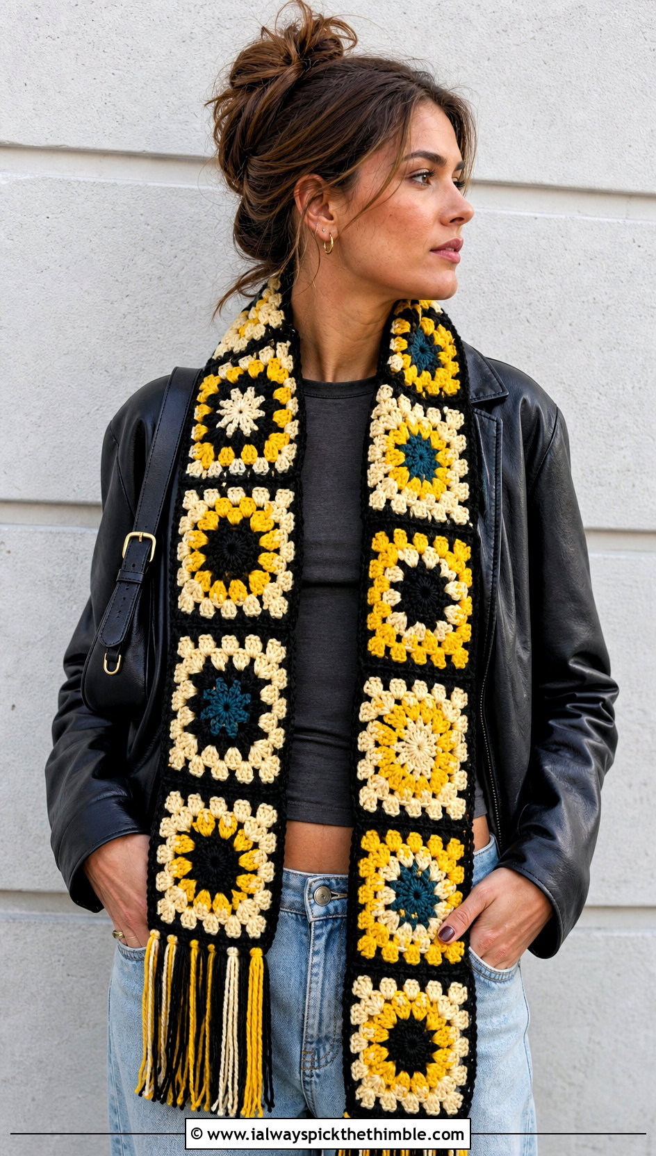 Granny Square Crochet Hufflepuff Scarf With Leather Jacket - 20 crochet hufflepuff scarf outfit ideas