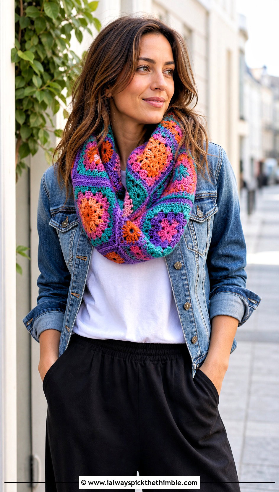 Granny Square Crochet Infinity Scarf With Denim Jacket - 25 crochet infinity scarf outfit ideas