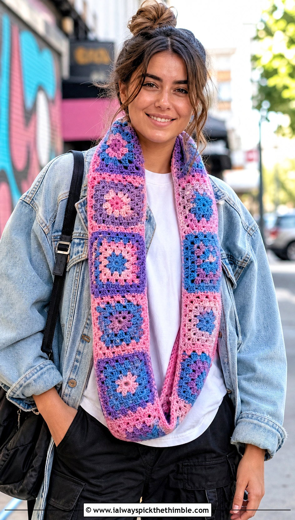 Granny Square Crochet Infinity Scarf With Denim Jacket - 20 infinite crochet scarf outfit ideas