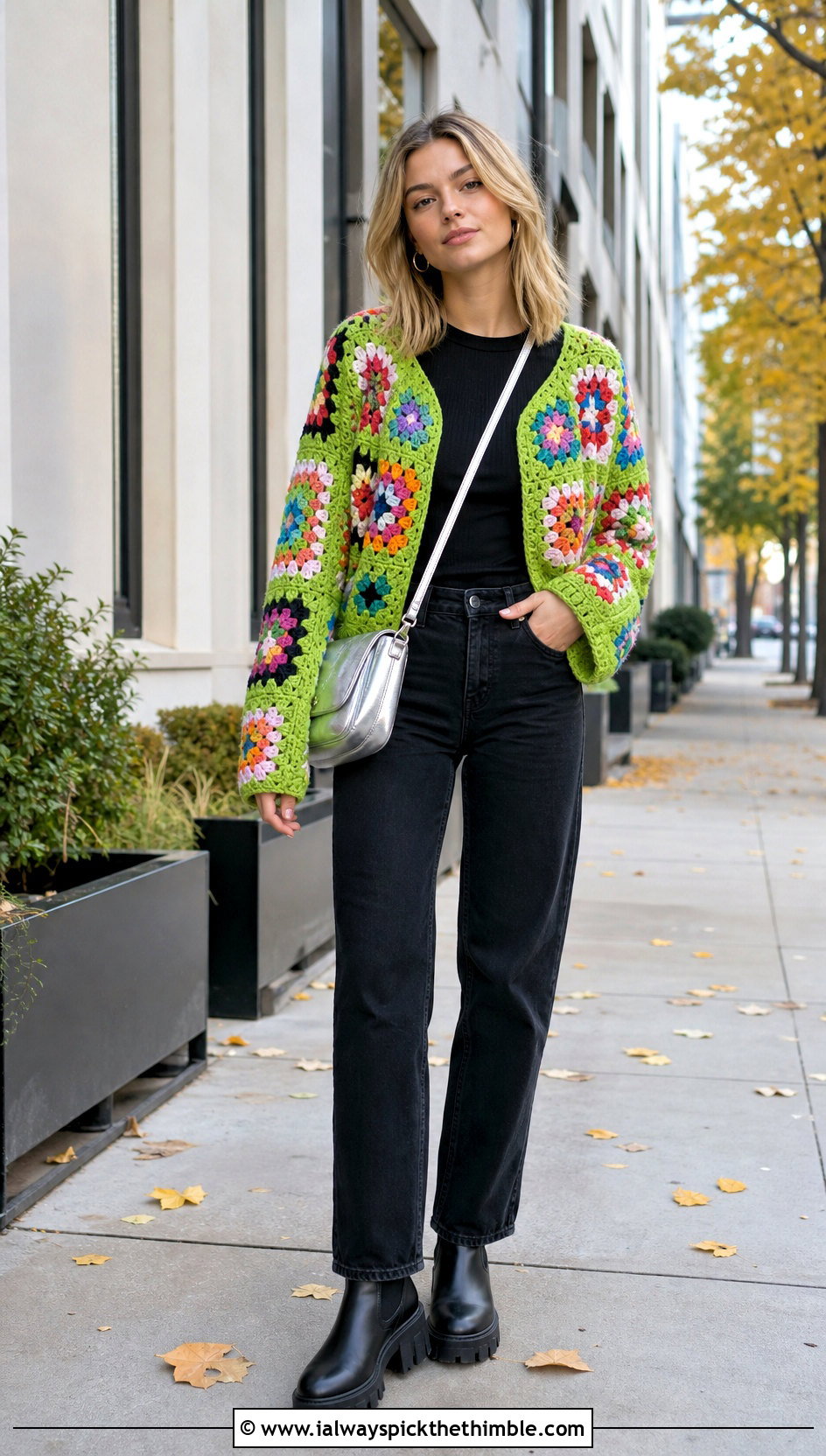 Granny Square Crochet Jacket With Black Denim - 20 Autumn Crochet Outfit ideas
