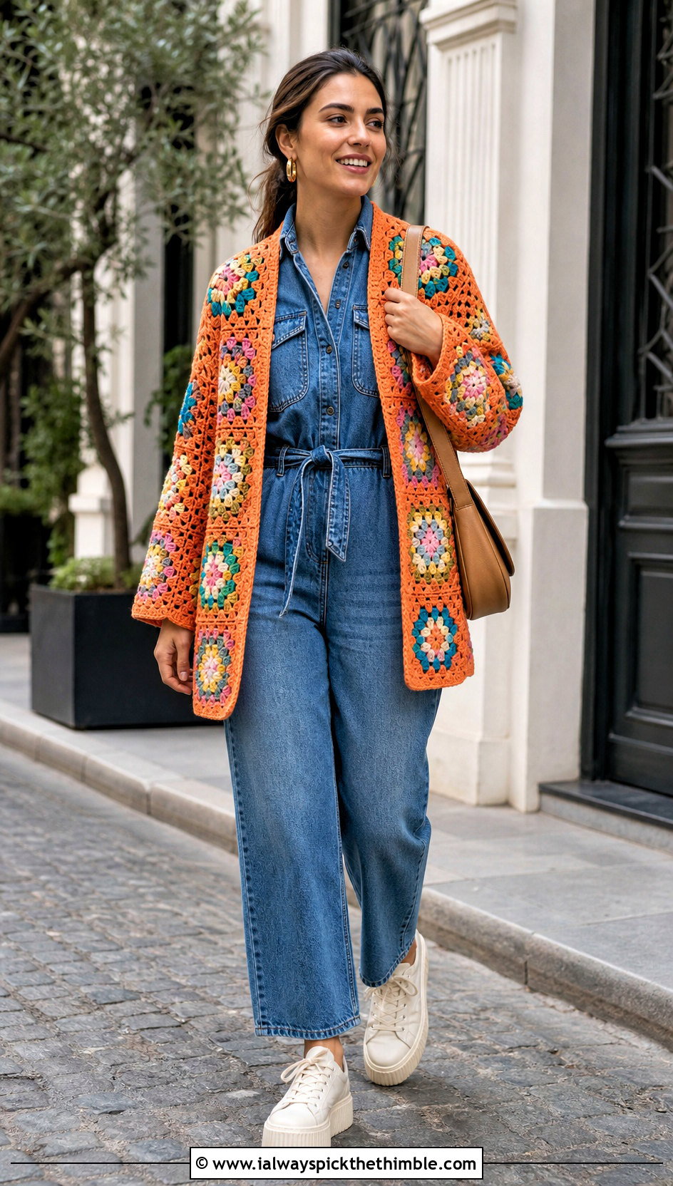Granny Square Crochet Jacket With Denim Jumpsuit - 20 Crochet 80S Clothes and outfit ideas