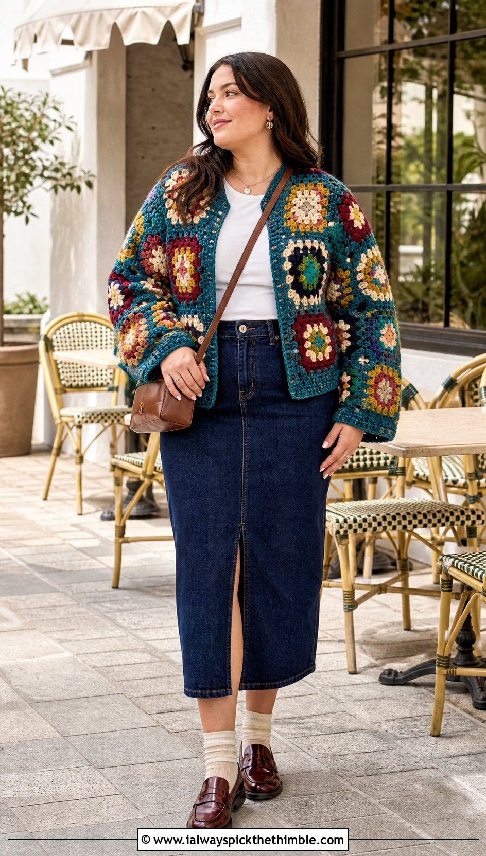 Granny Square Crochet Jacket With Denim Midi Skirt - 25 crocheted jacket outfit ideas