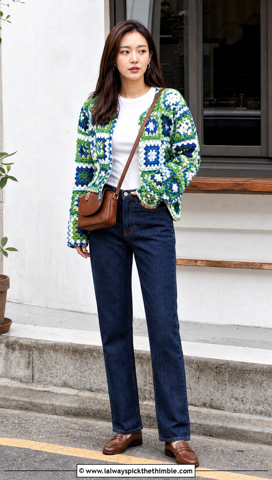 Granny Square Crochet Jacket With Straight Jeans - 20 korean crochet outfits ideas