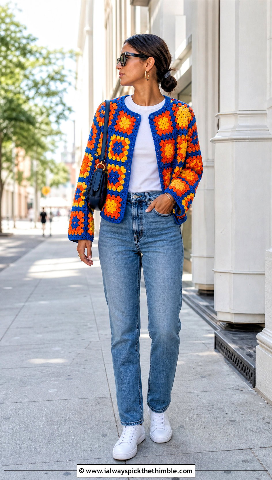 Granny Square Crochet Jacket With Straight Leg Jeans - 20 crochet jacket for ladies outfit ideas