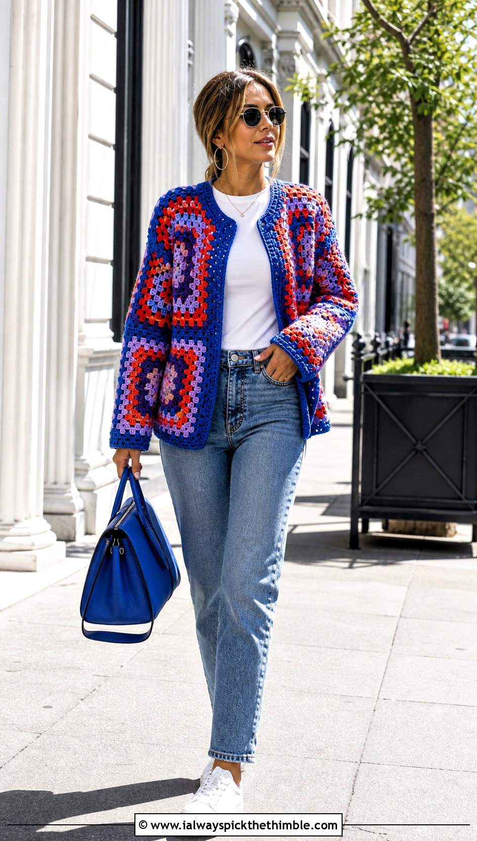 Granny Square Crochet Jacket With Straight Leg Jeans - 20 crochet jacket for women outfit ideas