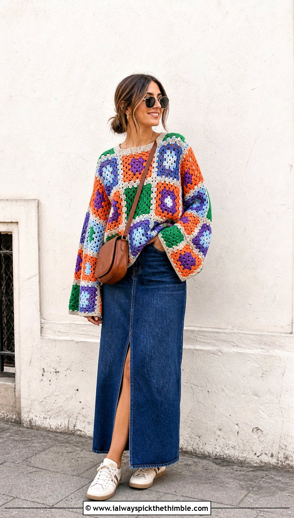 Granny Square Crochet Jumper With Denim Maxi Skirt - 20 oversized crochet jumper outfit ideas