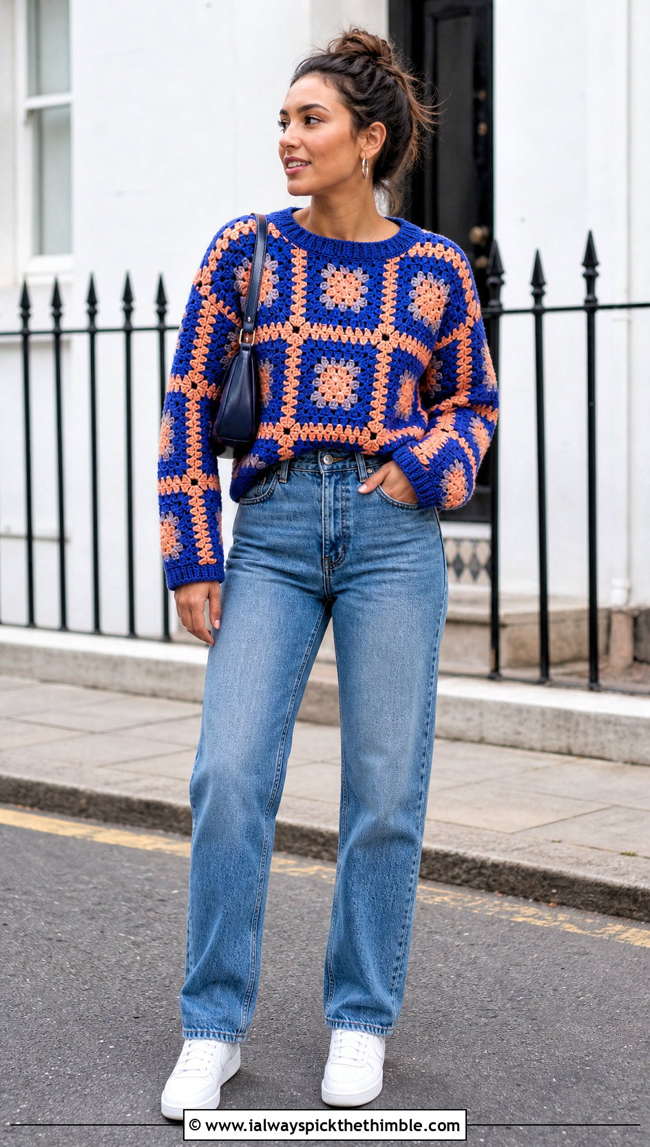 Granny Square Crochet Jumper With Straight Leg Jeans - 20 crochet jumper for women outfit ideas