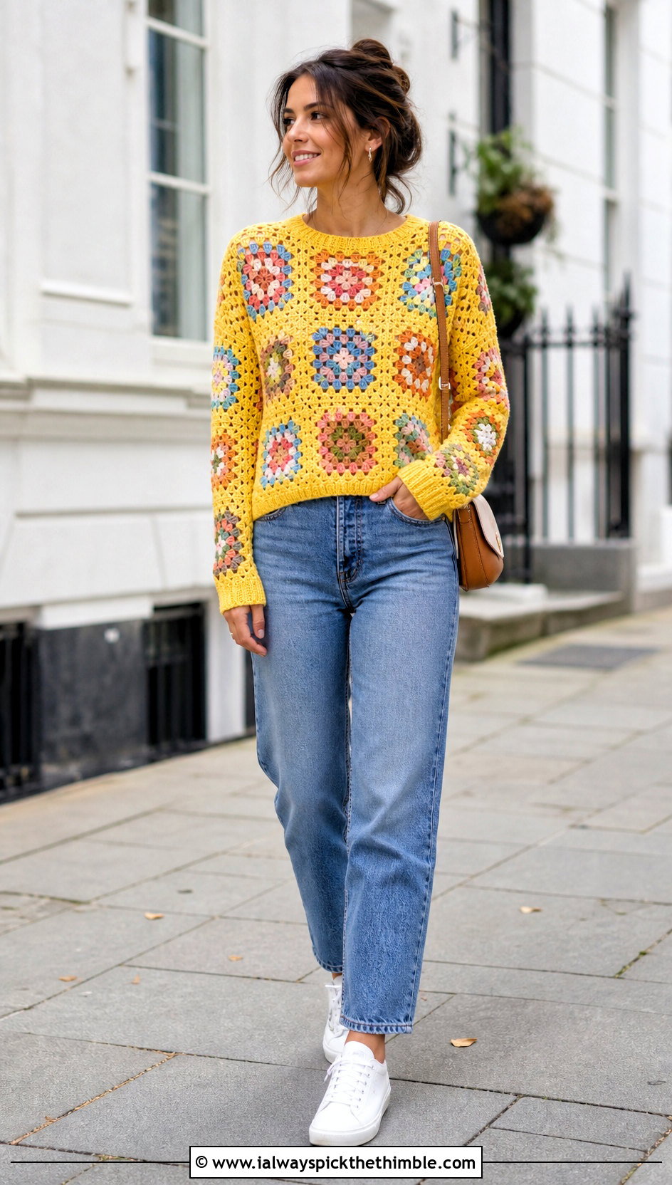 Granny Square Crochet Jumper With Straight Leg Jeans - 20 Cute Crochet Jumper outfit ideas