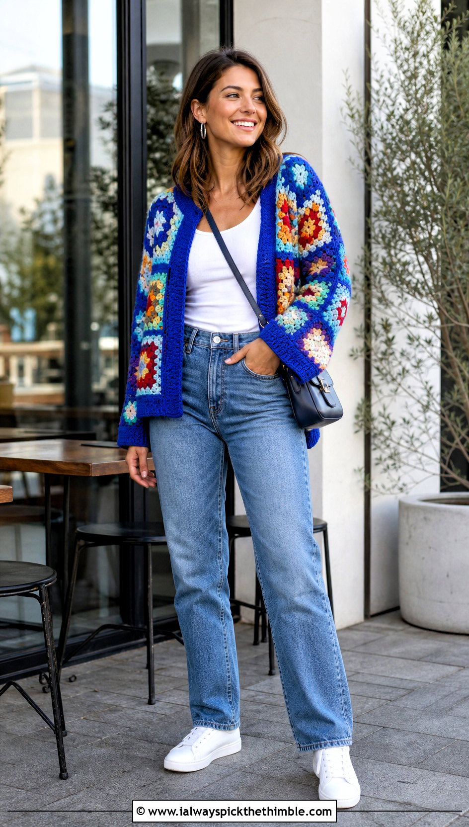 Granny Square Crochet Jumper With Straight Leg Jeans - 20 simple crochet jumper outfit ideas