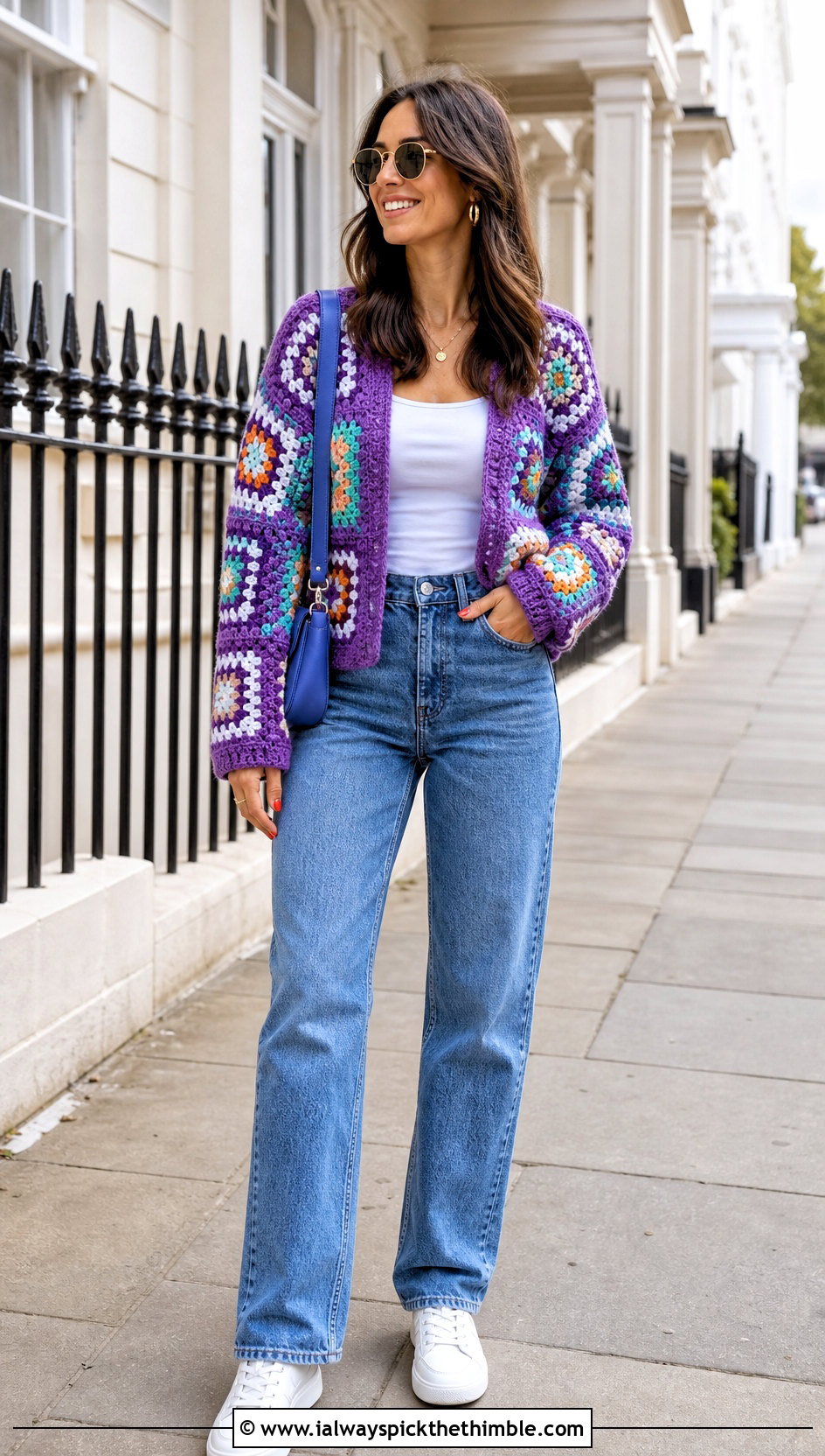 Granny Square Crochet Jumper With Straight Leg Jeans - 25 crochet jumper outfit ideas