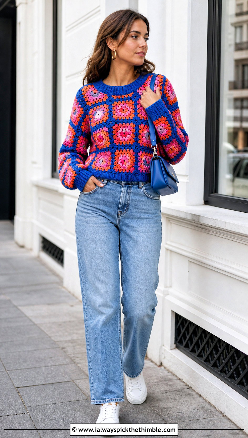 Granny Square Crochet Jumper With Straight Leg Jeans - 15 Ladies Crochet Jumper outfit ideas