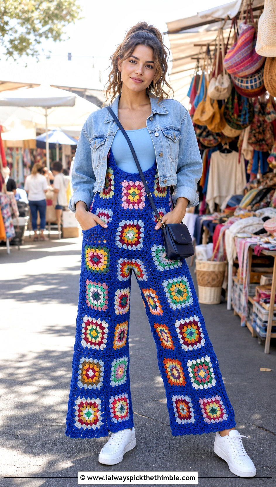 Granny Square Crochet Jumpsuit With Denim Jacket - 20 Women Crochet Jumpsuit outfit ideas