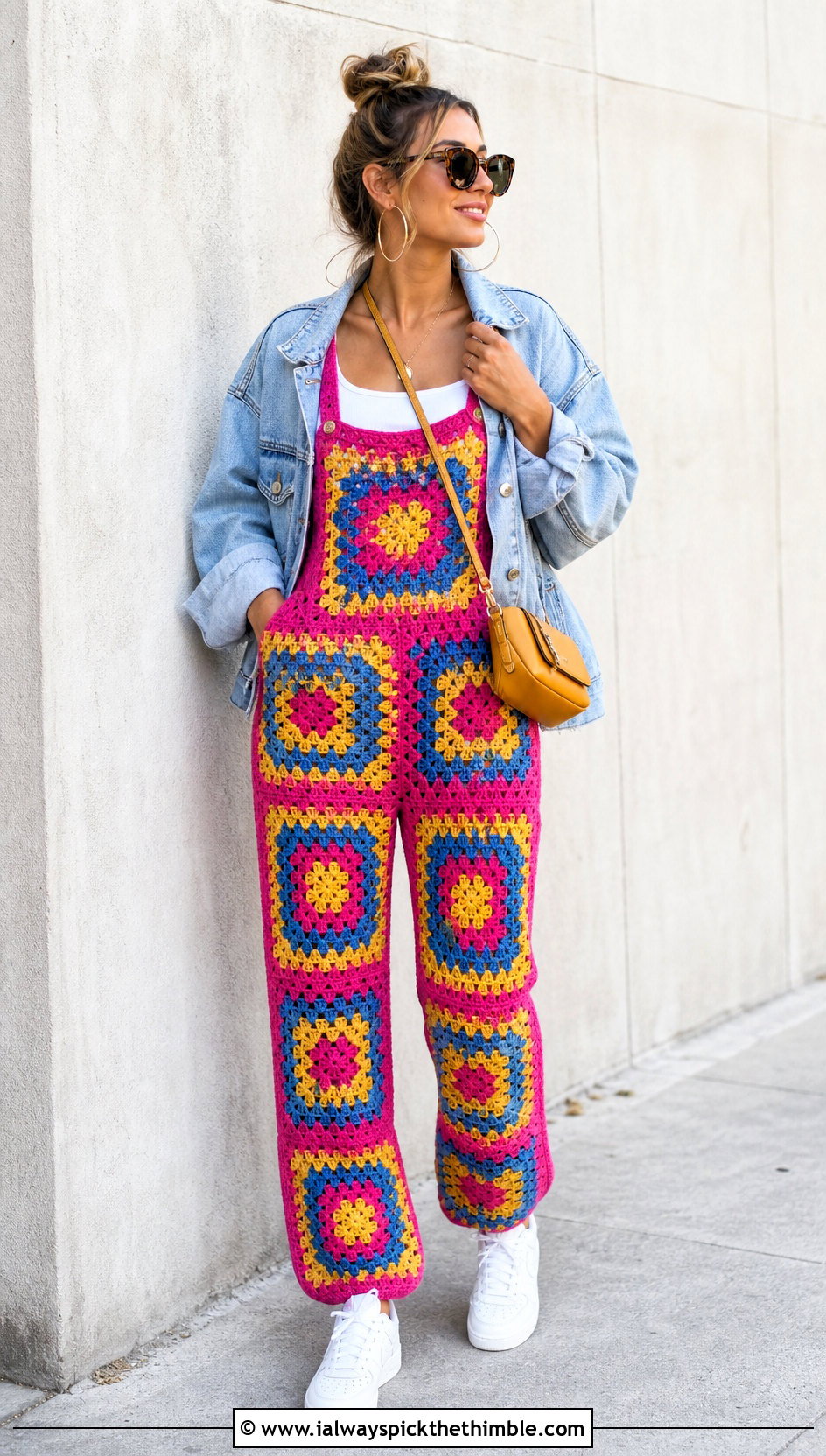 Granny Square Crochet Jumpsuit With Denim Jacket - 20 crochet jumpsuit outfit ideas