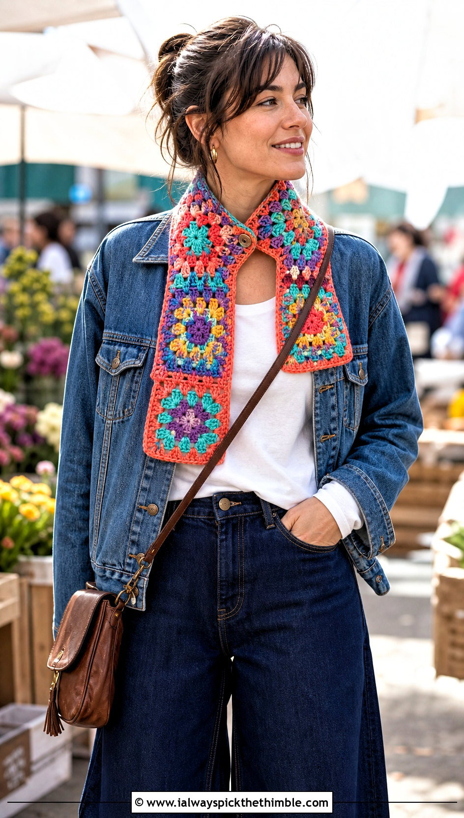 Granny Square Crochet Keyhole Scarf With Denim Jacket - 25 crochet keyhole scarf outfit ideas
