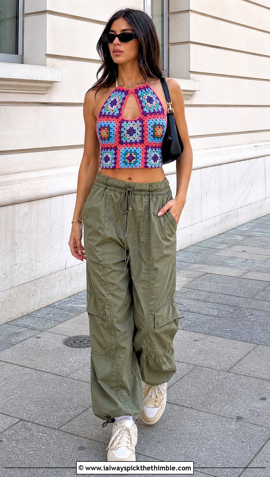 Granny Square Crochet Keyhole Top With Cargo Pants - 20 crochet keyhole top outfit ideas