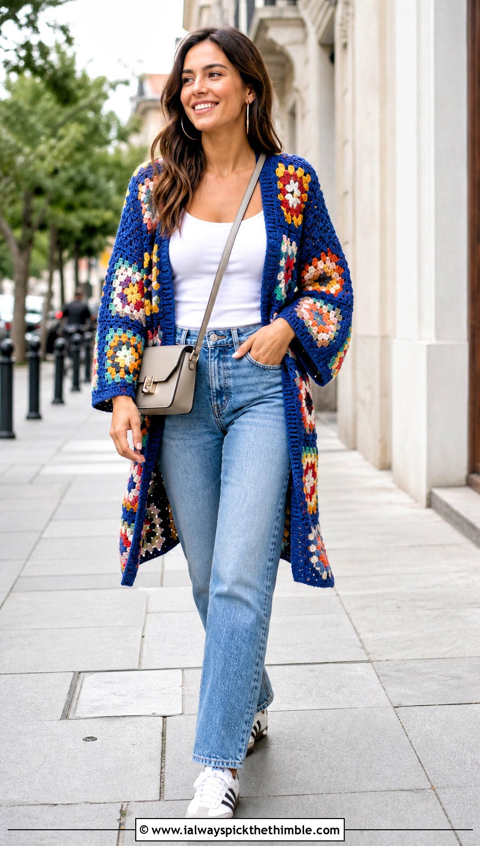 Granny Square Crochet Kimono Cardigan With Straight Leg Jeans - 25 crochet kimono cardigan outfit ideas