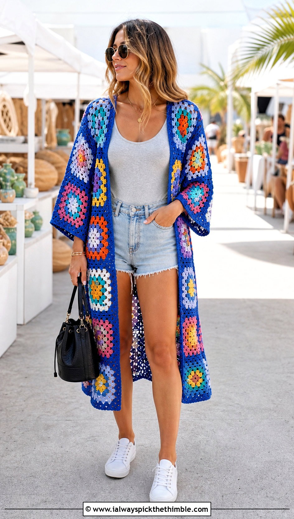 Granny Square Crochet Kimono With Denim Shorts - 20 Boho Crochet Kimono outfit ideas