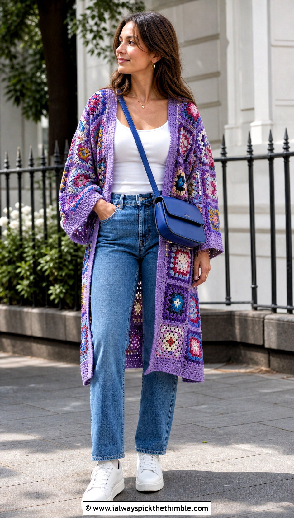Granny Square Crochet Kimono With Jeans - 20 easy crochet kimono outfit ideas