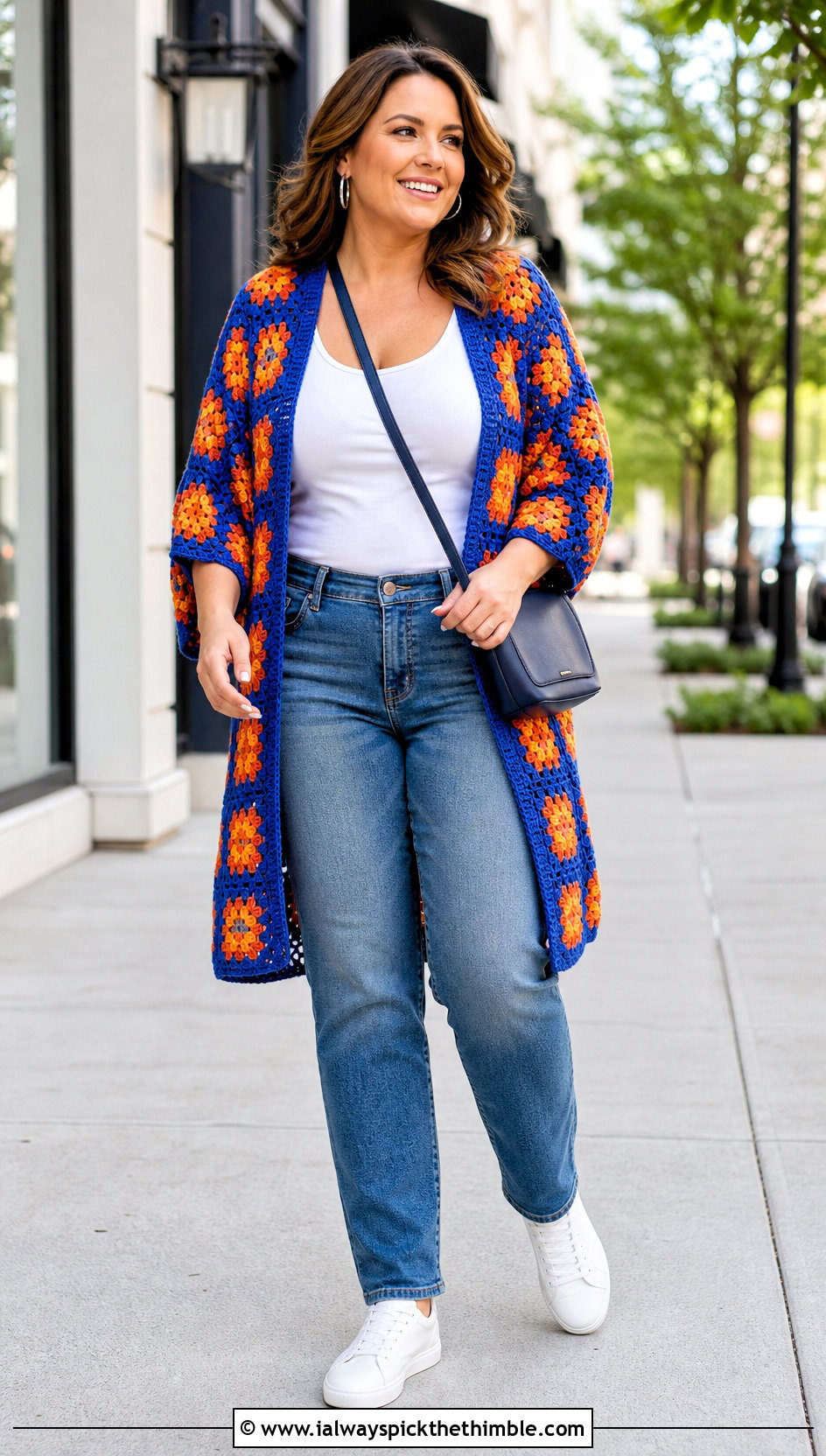 Granny Square Crochet Kimono With Straight Leg Jeans - 25 crochet kimono outfit ideas