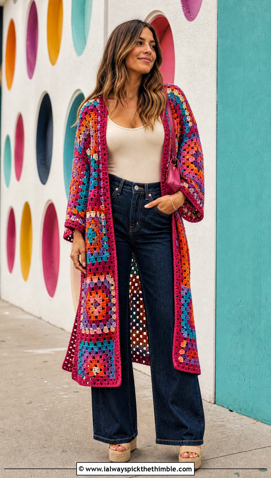 Granny Square Crochet Kimono With Wide Leg Jeans - 15 crochet kimono cover up outfit ideas