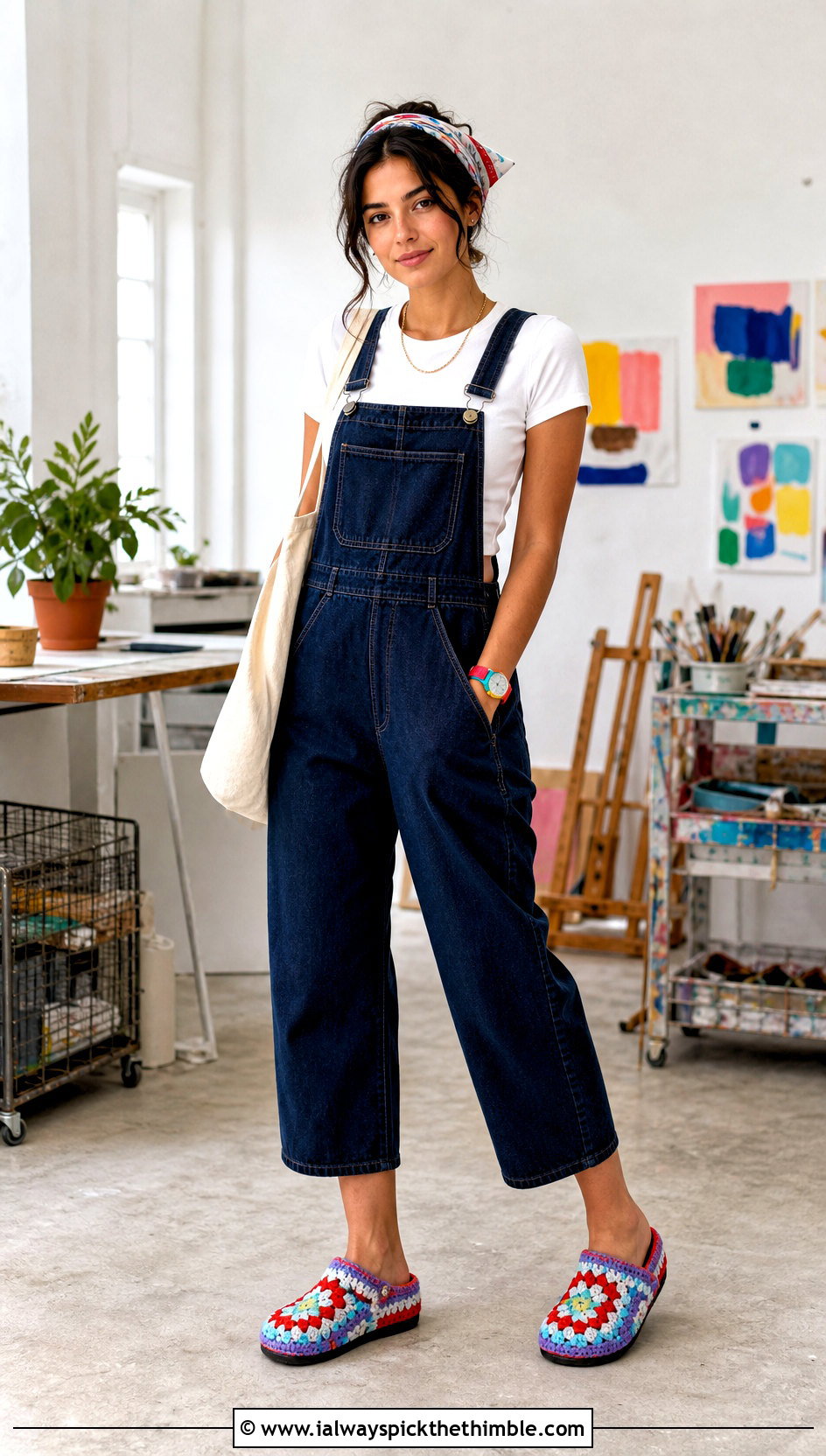 Granny Square Crochet Knit Clog Slippers With Denim Overalls - 15 crochet-knit clog slippers outfit ideas