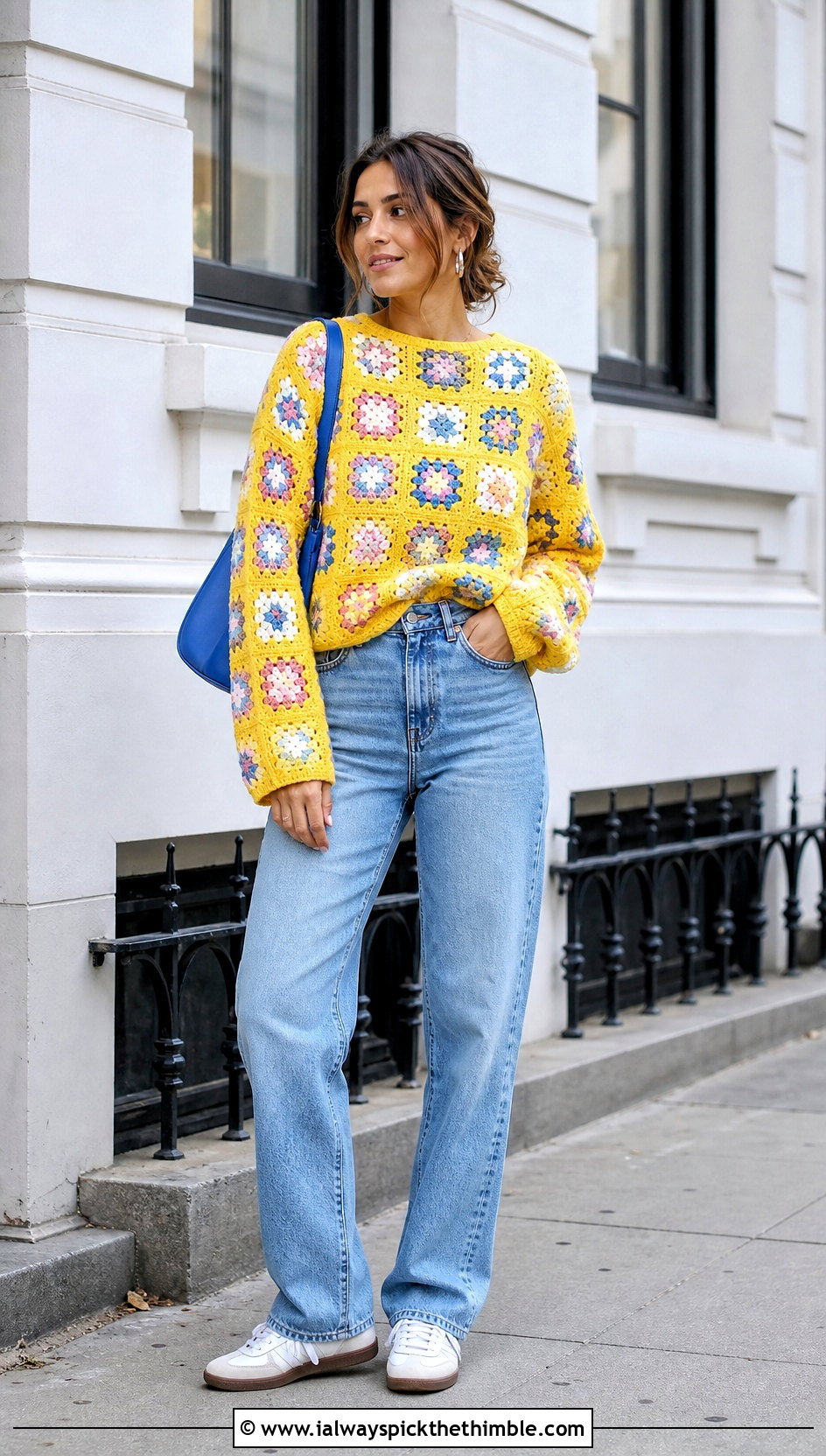 Granny Square Crochet Knit Sweater With Straight Leg Jeans - 25 Crochet Knit Sweater outfit ideas